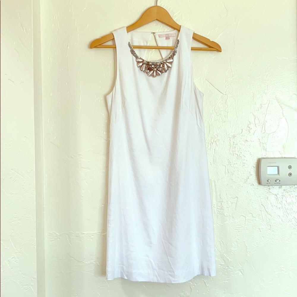 Rebecca Taylor Sleeveless Embellished White Linen Mini Dress